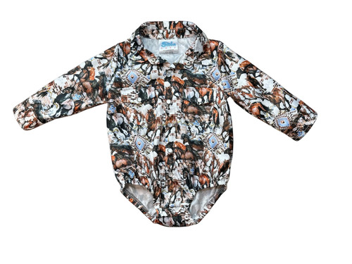 Shea Baby Infant Boys Multi Horse Print Long Sleeve Pearl Snap Onesie