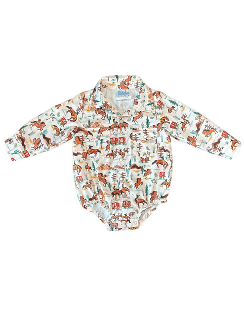 Shea Baby Infant Boys White All Over Desert Horse Print Long Sleeve Snap Onesie
