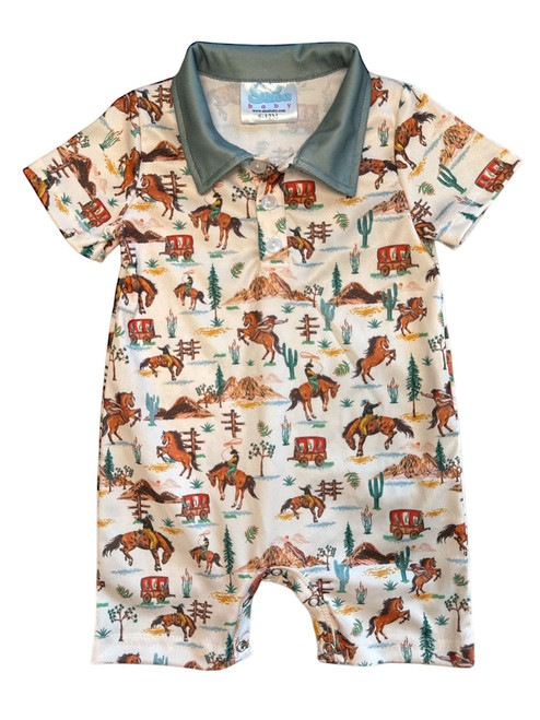 Shea Baby Infant Boys White & Sage Desert Horse Print Short Sleeve Romper