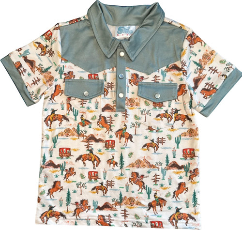 Shea Baby Toddler Boys White & Sage Bronco All Over Print Short Sleeve Polo Shirt