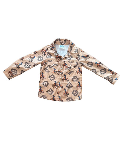 Shea Baby Toddler Boys Beige Bronc & Southwest Print Long Sleeve Snap Shirt