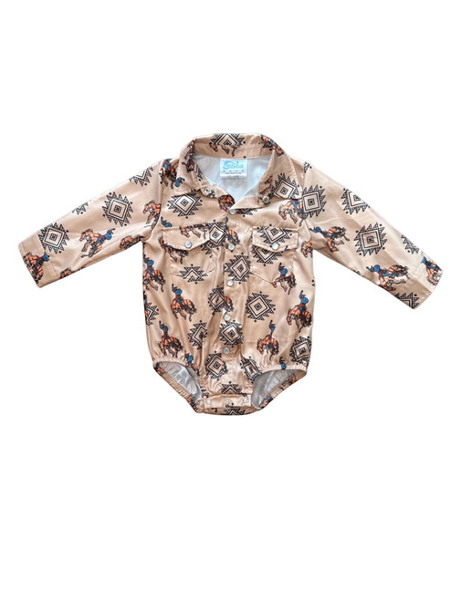 Shea Baby Infant Boys Beige Bronc & Southwest Print Long Sleeve Snap Onesie