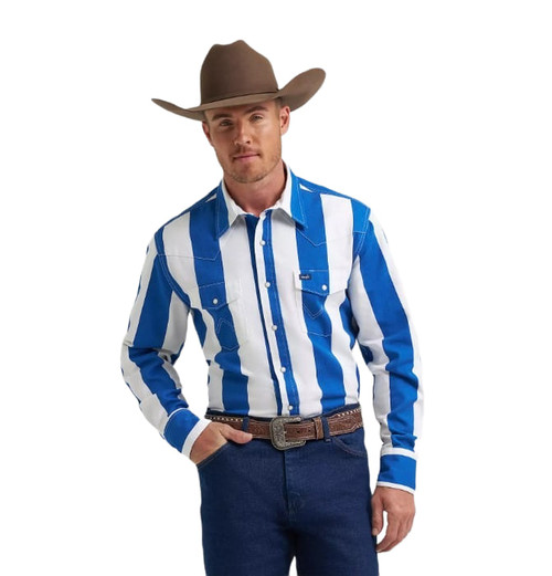 Wrangler Mens Big Blue Multi Stripe Vintage-Inspired Brushpopper Long Sleeve Western Snap Shirt