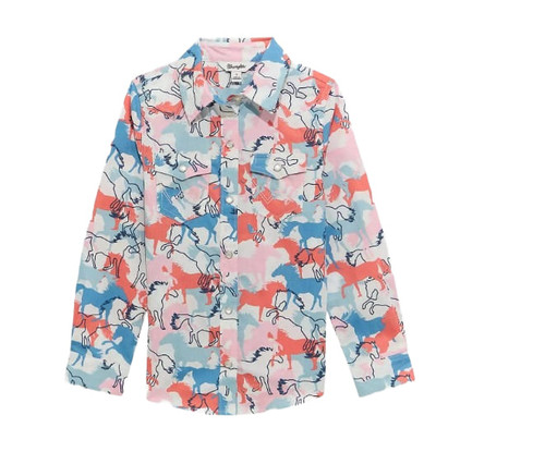 Wrangler Boys White Colorful Horses Print Long Sleeve Western Snap Shirt
