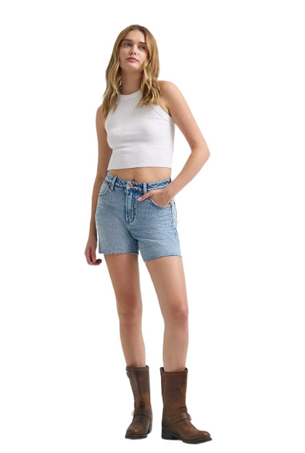 Wrangler Womens Blue Blissful High Rise Mid Length Denim Cowboy Shorts