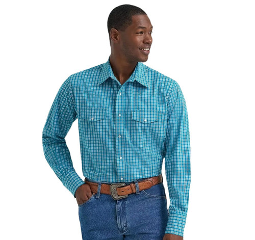 Wrangler Mens Teal Plaid Wrinkle Resist Long Sleeve Western Snap Shirt