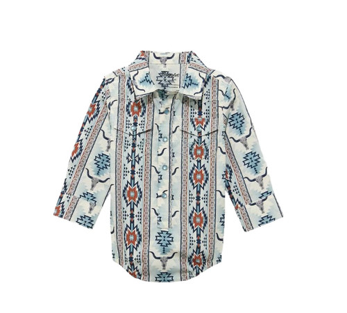 Wrangler Boys Infant Gray Steerhead Geometric Print Long Sleeve Western Snap Onesie
