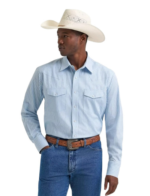 Wrangler Mens Light Blue Chambray Wrinkle Resist Long Sleeve Western Snap Shirt
V
