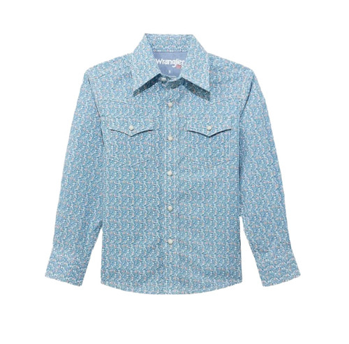 Wrangler Boys Blue Paisely 20X Advanced Comfort Long Sleeve Western Snap Shirt
