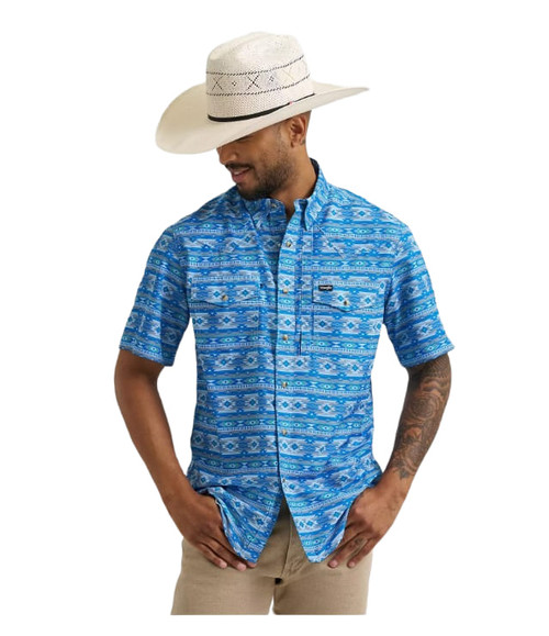 Wrangler Mens Cerulean Blue Aztec Print All Terrain Gear Performance Short Sleeve Shirt