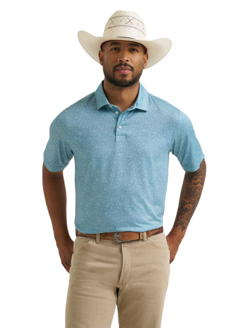 Wrangler Mens Teal Paisley All Terrain Gear Performance Short Sleeve Polo Shirt
