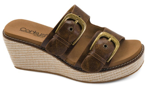 Corkys Ladies Cognac Manifest 2-Buckle Wedge Platform Sandals