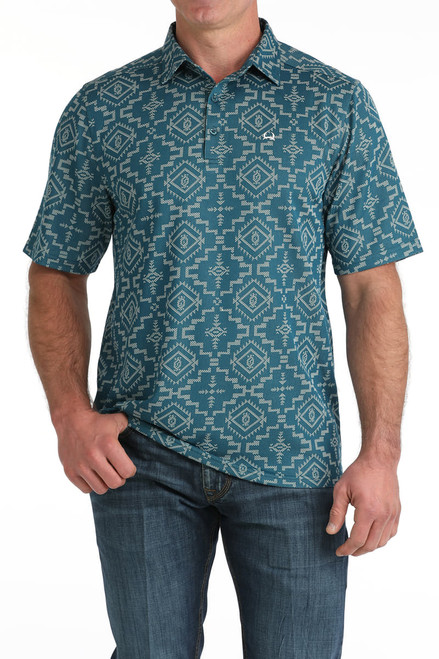 Rocky Mountain Cinch Men's Teal Jacquard Short Sleeve Polo Shirt
