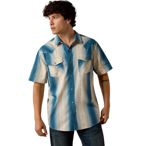 Ariat Men's Colonial Blue Stripe Retro Hyland Fitted Short Sleeve Snap Shirt