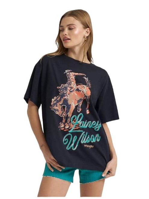 Wrangler Womens Black Lainey Wilson Work Oversized Short Sleeve T-Shirt