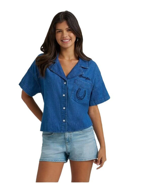 Wrangler Womens Blue Horseshoe Embroidered Boxy Short Sleeve Denim Camp Shirt