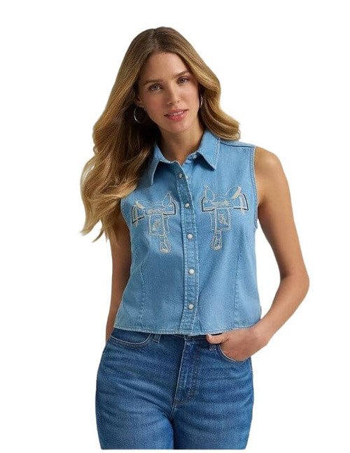 Wrangler Womens Light Blue Cropped Saddle Embroidered Sleeveless Denim Snap Shirt