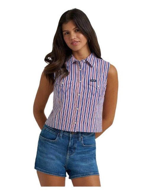Wrangler Womens Blue Cropped Stripe Sleeveless Western Snap Shirt