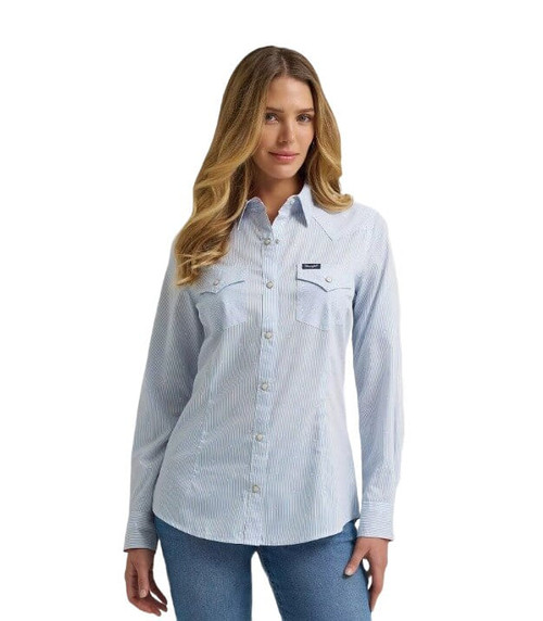 Wrangler Womens Olivia Star Blue Slim Long Sleeve Western Snap Shirt