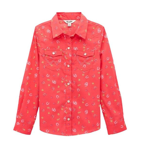 Wrangler Girls Pink Floral Horseshoe Long Sleeve Western Snap Shirt