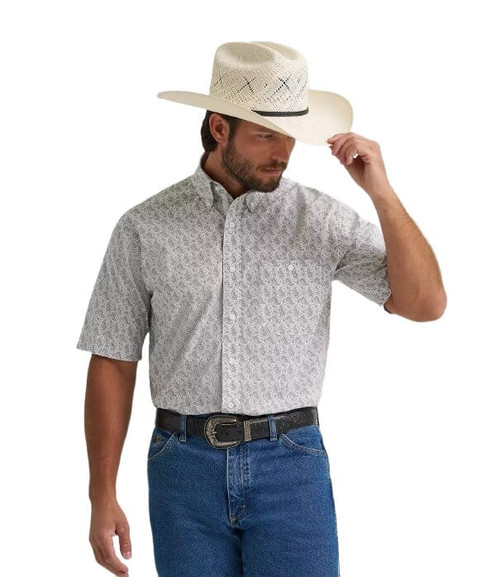 Wrangler Mens Gray Cloud Paisely George Strait One Pocket Short Sleeve Button Down Shirt