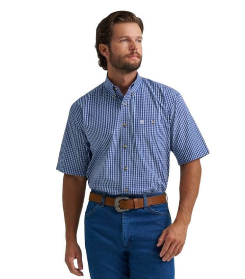 Wrangler Mens Blue Plaid George Strait Relaxed Fit One Pocket Short Sleeve Button Down Shirt