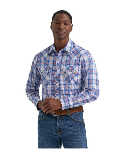 Wrangler Mens Retro Daisy Blue Sawtooth Pocket Long Sleeve Western Snap Shirt