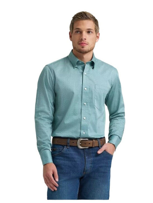 Wrangler Mens Cody Johnson Green Weave One Pocket Long Sleeve Button Down Shirt