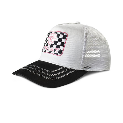 Ariat Ladies White & Black with Pink Accented Embroidered Checker Logo Mesh Snapback Hat