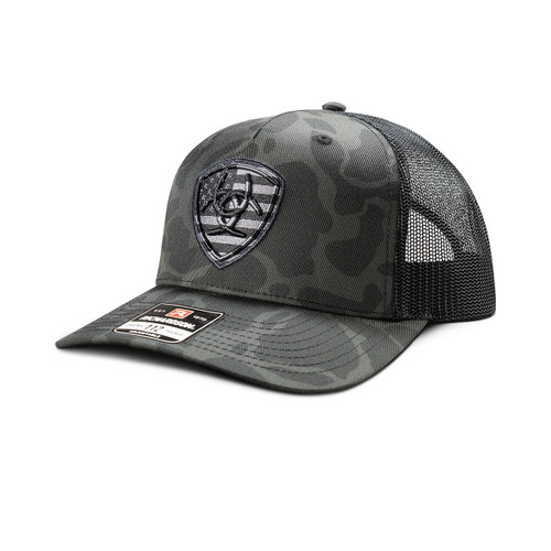 Ariat Men's Black Camo with Embroidered Shield Flag Logo Mesh Snapback Hat