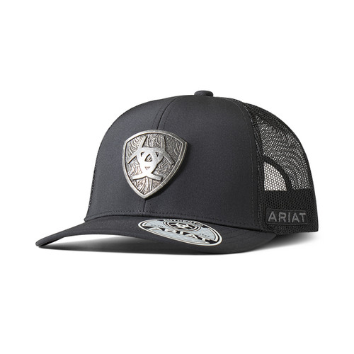 Ariat Men's Black Metal Ariat Shield Logo Snapback Mesh Hat