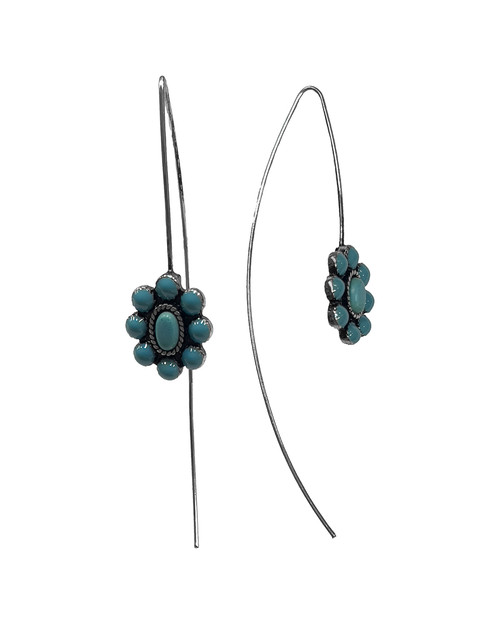 Silver Strike Metal Flower w/Turquoise Stones Long Hook Earrings