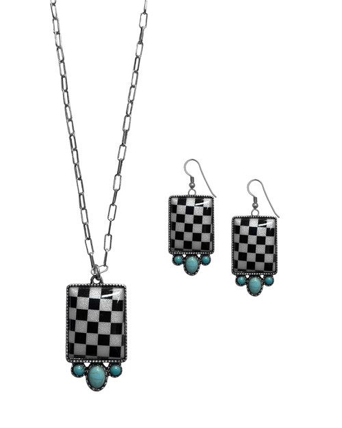 Silver Strike Black & White Checkerboard Inlay & Turquoise Stones Necklace & Earring Set