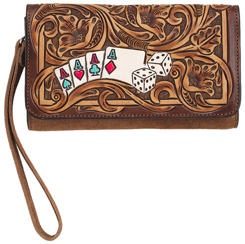 Angel Ranch Women's Brown Suede Roxie Style Hand Tooled Ace Cards & Dice Wallet