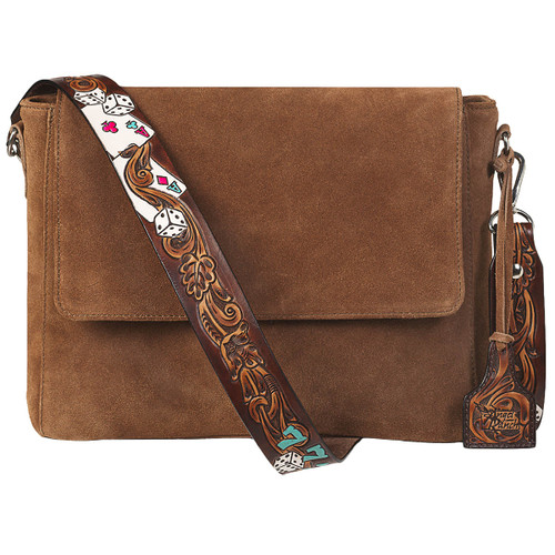 Angel Ranch Women's Brown Suede Roxie Style Hand Tooled Strap Messenger Bag