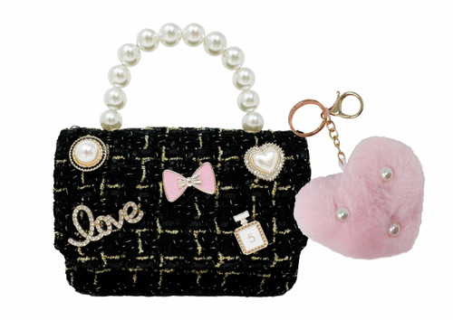 Hot Focus Girls Black & Pink Mini Crossbody Purse with Pearl Accents