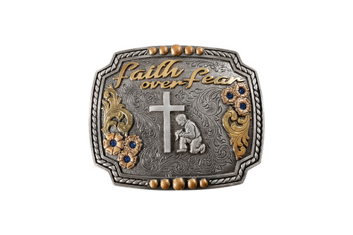 Nocona Men's Faith Over Fear with Cowboy Prayer Motif Antique Gold Belt Buckle