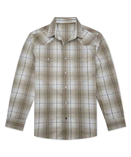 R Country Men's Tan Plaid Long Sleeve Western Snap Shirt
