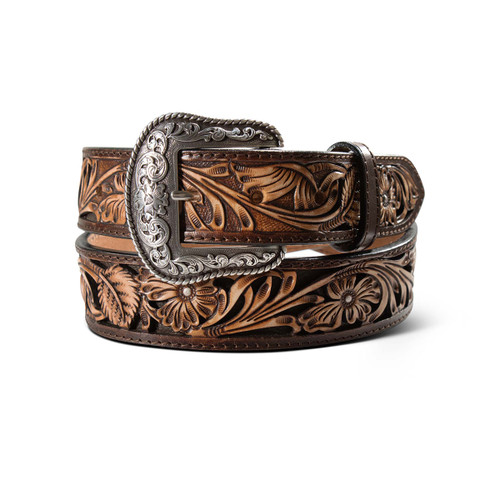 Ariat Men's Antique Silver Engraved Floral Buckle with Textured Leather Underlay & Floral Filigree
