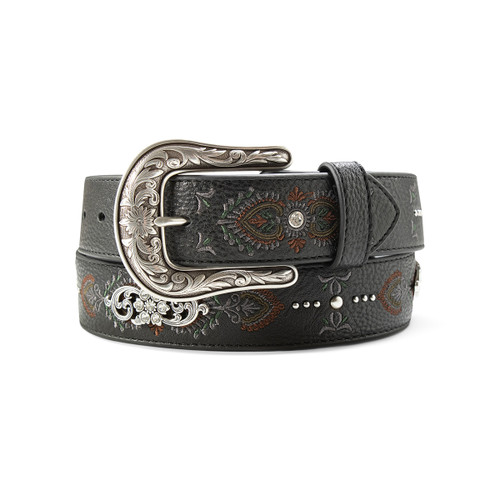 Ariat Ladies Black Leather Belt with Antique Silver Floral Buckle and Floral Conchos w/Crystals