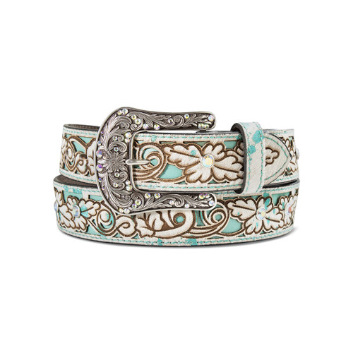 Ariat Ladies Floral Filigree Belt with Turquoise Underlay & Antique Silver Floral Buckle