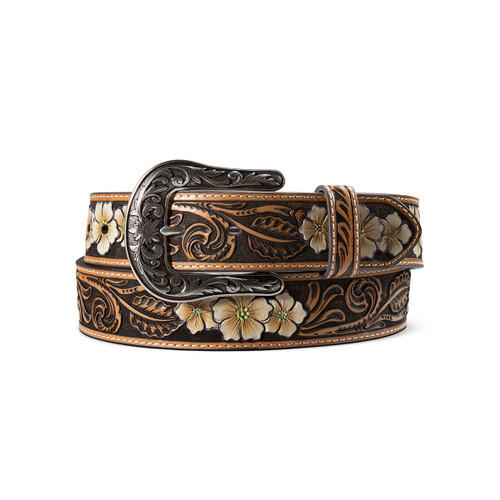 Ariat Ladies Brown Leather Belt with UV Printed Peach & Yellow Embossed Flowers & Antique Silver Floral Buckle