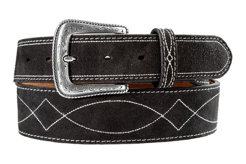 Nocona Men's Black Suede Belt w/Boot Stitch Embroidery & Antique Silver Finish Buckle