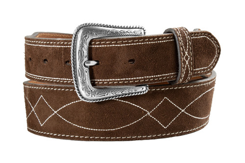 Nocona Men's Brown Suede Belt w/White Boot Stitch Embroidery & Antique Silver Finish Buckle