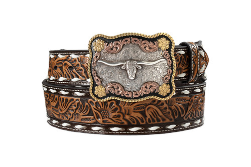Nocona Men's Brown Floral Embossed Belt with Multi Finish Scalloped Buckle & Longhorn Motif Buckle