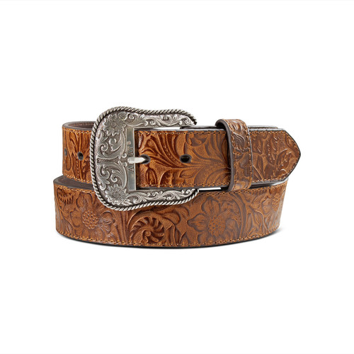Ariat Ladies Brown Floral Embossed Leather Belt with Antique Silver Floral & Scroll Buckle