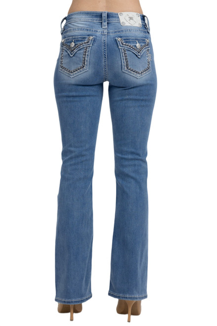 Miss Me Womens Mid Rise Silver Border Embellished Faux Flap Pocket Bootcut Jeans