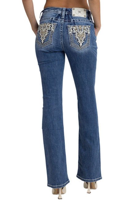Miss Me Womens Mid Rise Embellished Leather Inlay Geometric Pocket Bootcut Jeans