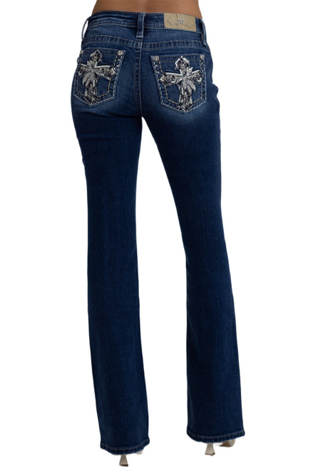 Miss Me Womens Mid Rise Dark Wash White Cross Pocket Bootcut Jeans