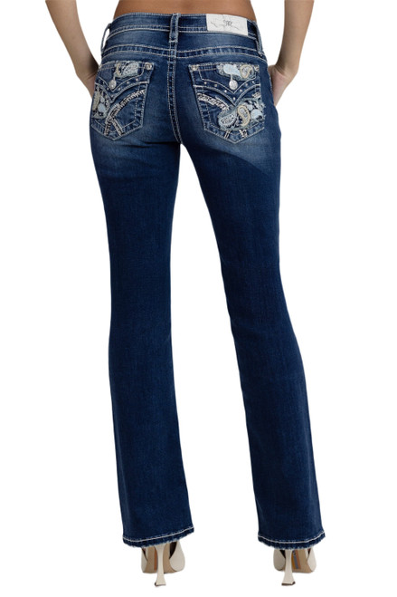 Miss Me Womens Mid Rise Paisley Peekaboo Faux Flap Pocket Bootcut Jeans